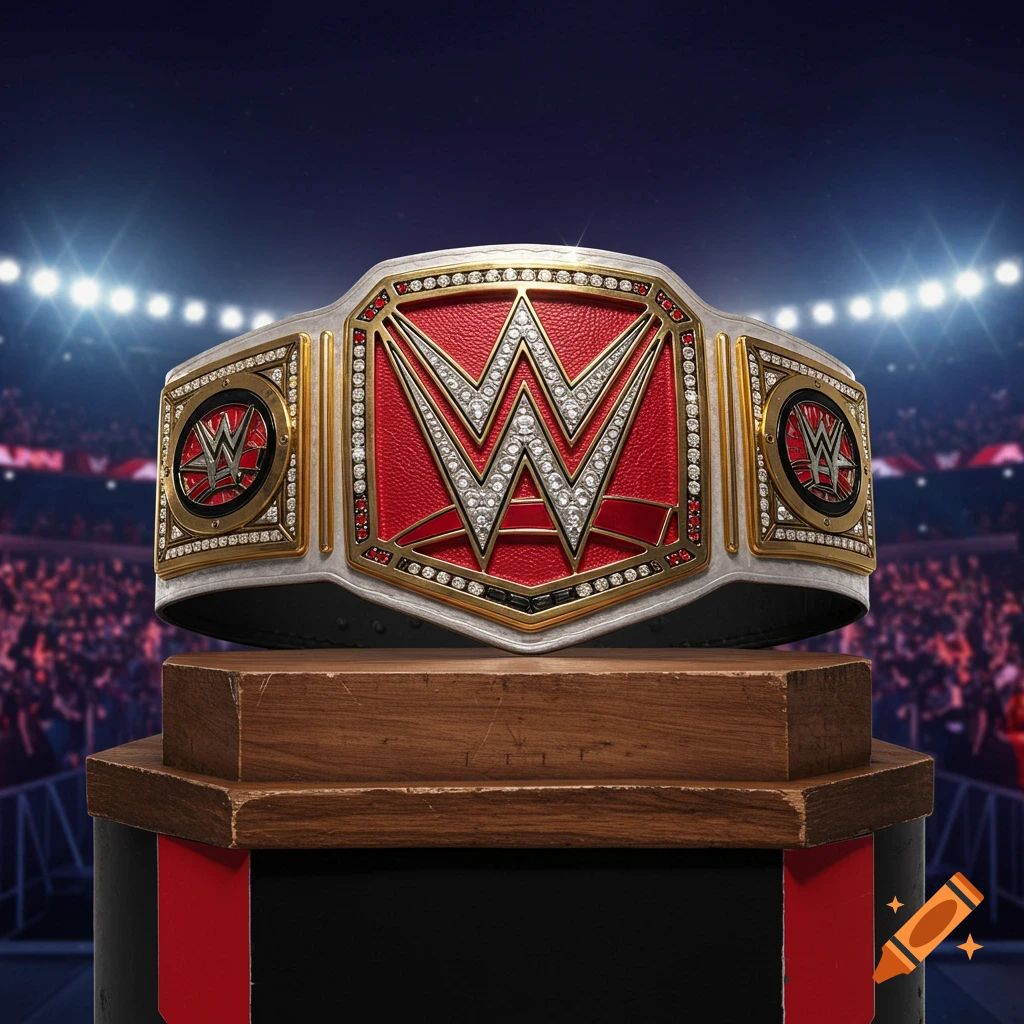 Photorealistic image of a WWE Women's World Championship belt on a wooden stand in a brightly lit wrestling arena.