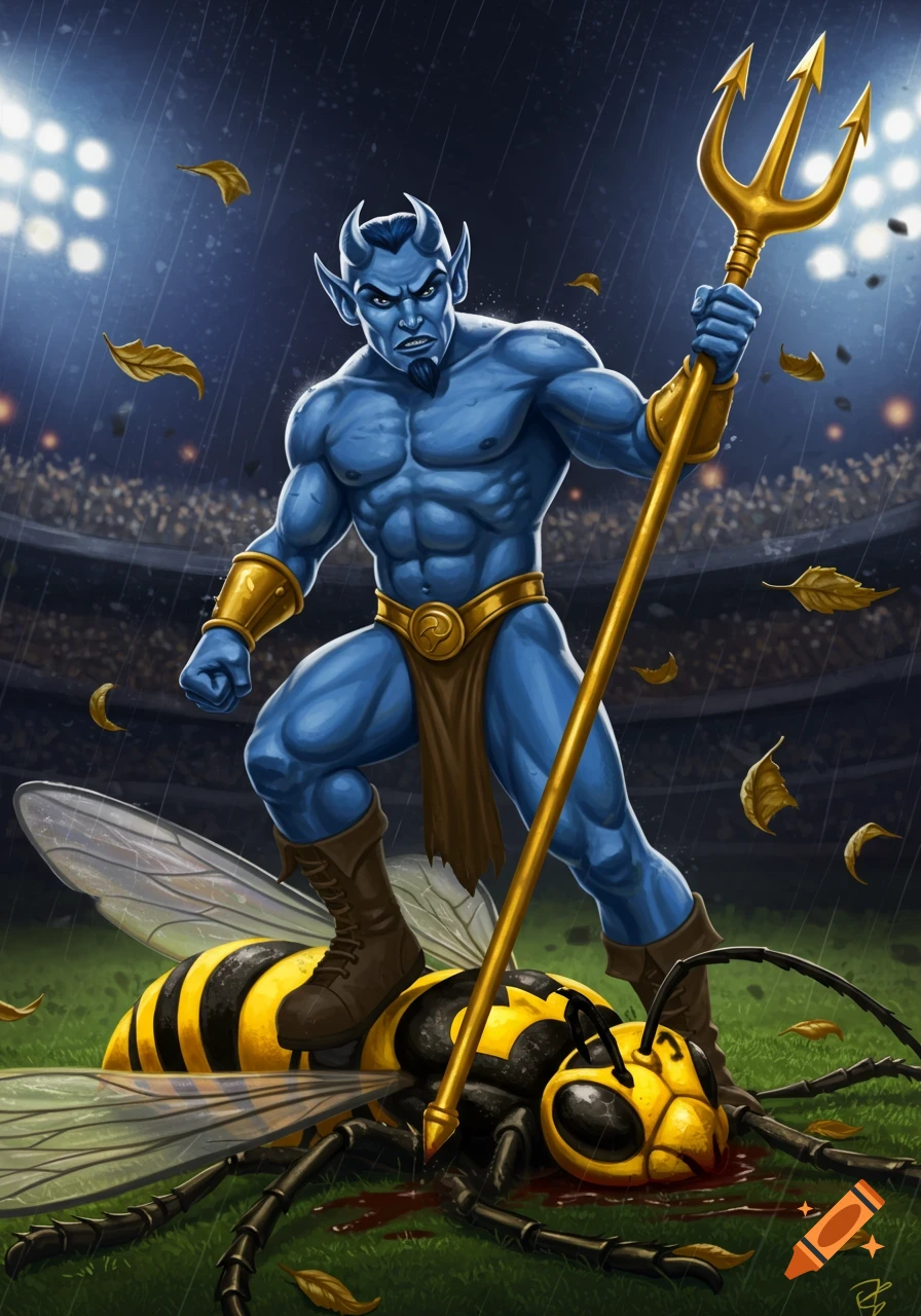 A muscular blue devil character with a golden trident stands triumphantly on a defeated, bloody yellow jacket in a rainy sports stadium.