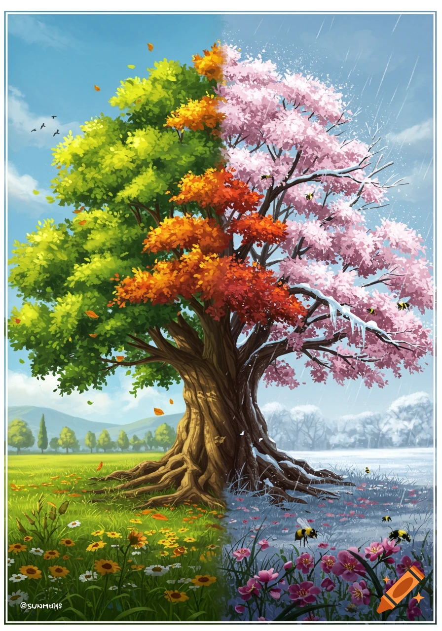 A vibrant illustration of a tree split into four sections representing spring, summer, autumn, and winter, set in a natural landscape.