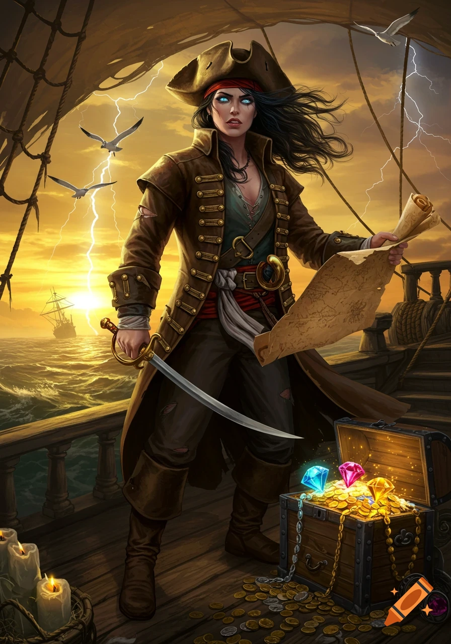 An illustrated female pirate with a sword and map stands on a ship deck at stormy sunset with a treasure chest.