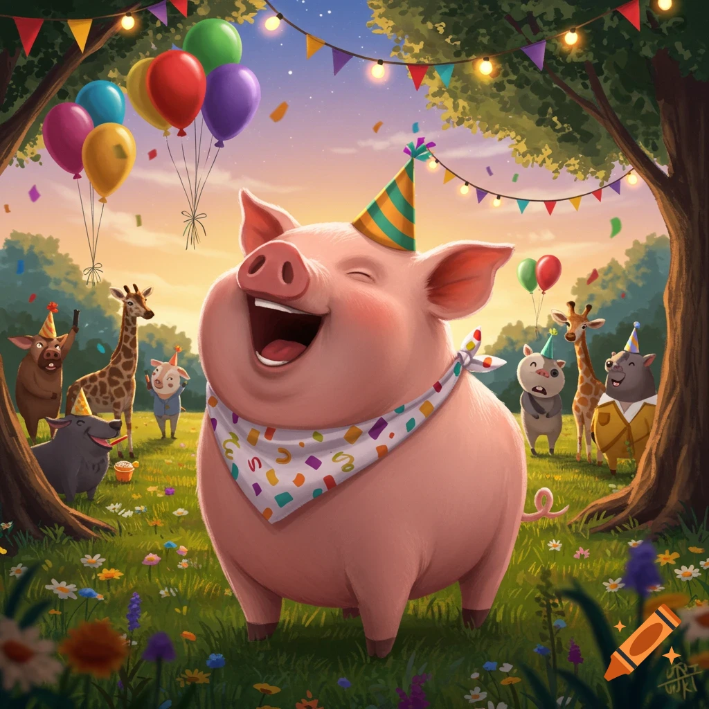 A happy cartoon pig wearing a party hat and bandana laughs joyfully at a party with other animals, balloons, and confetti in a sunny field.
