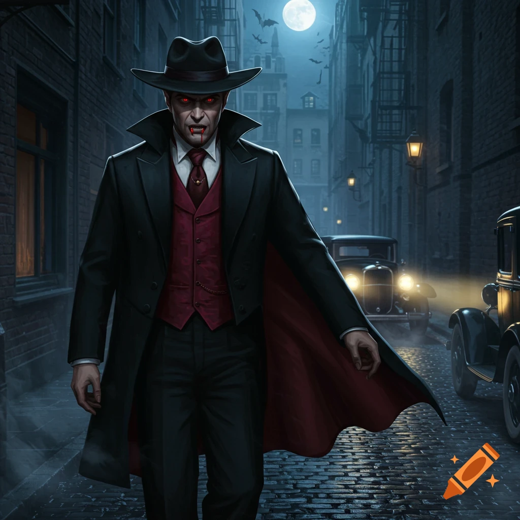 A stylized illustration of a vampire in a fedora and trench coat with red eyes and blood on his chin, walking down a dark, moonlit alley with vintage cars.