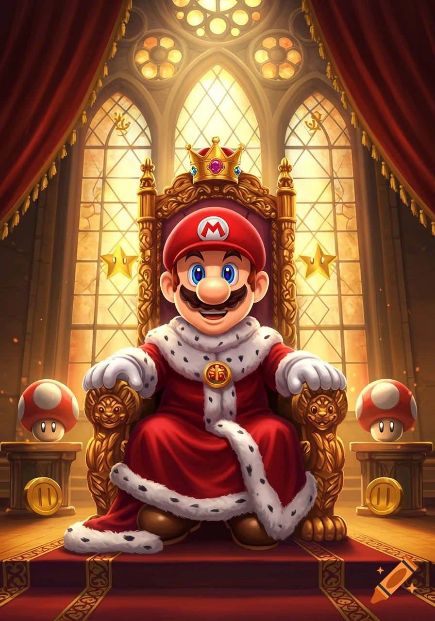Mario, dressed in red royal robes and a golden crown, sits on an ornate golden throne in a majestic castle. Two red power-up mushrooms and golden coins are on pedestals beside the throne.