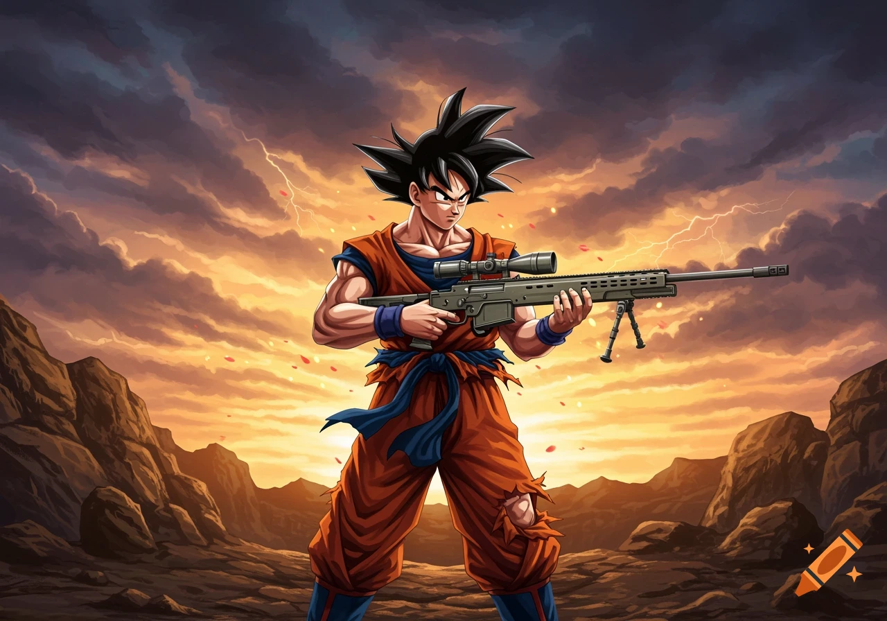 Anime-style Son Goku holding a sniper rifle on a rocky landscape at sunset with lightning in the sky.