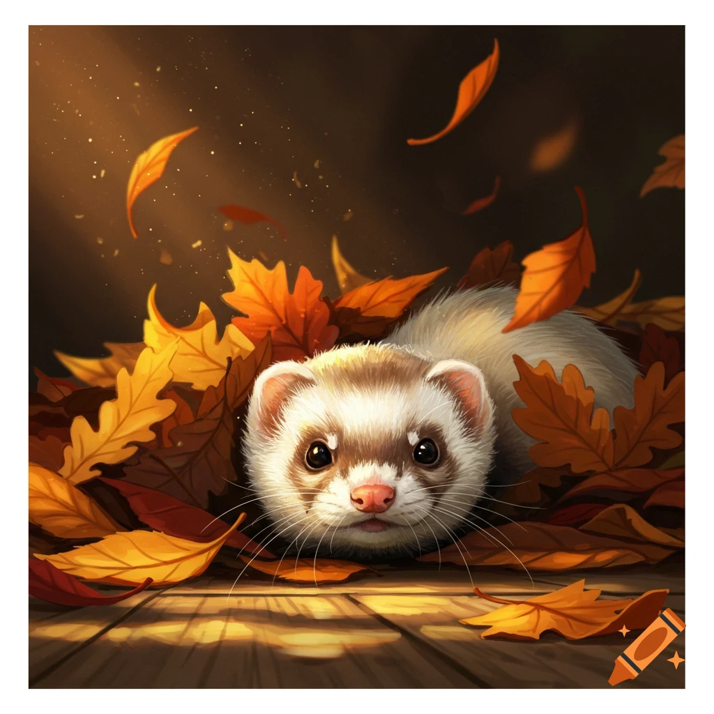 A cute ferret peeks out from a pile of orange and yellow autumn leaves on a wooden floor.