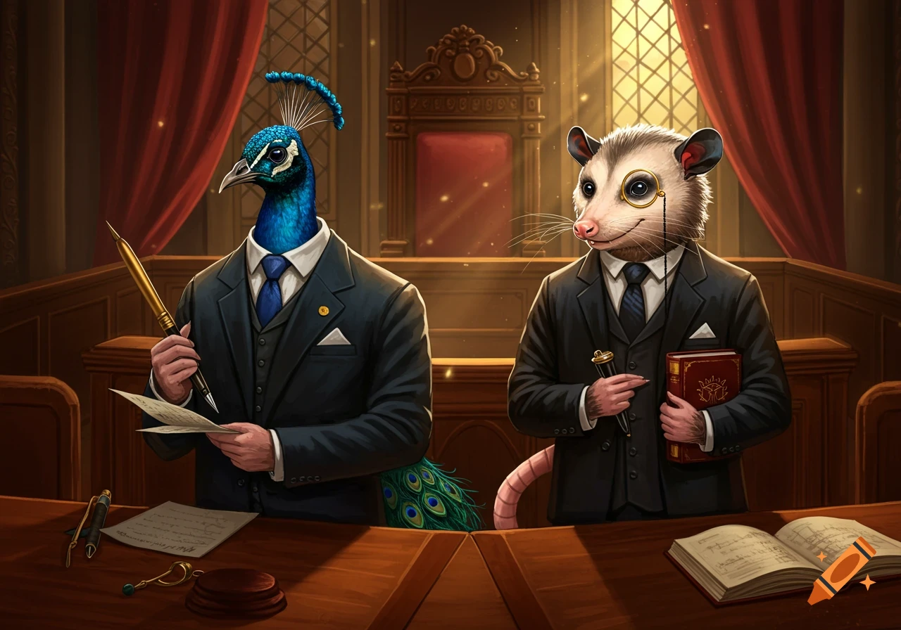 A peacock and a possum, dressed as attorneys in suits, sit at a wooden table in a grand courtroom. The peacock holds a quill and paper, while the possum holds a book and monocle.