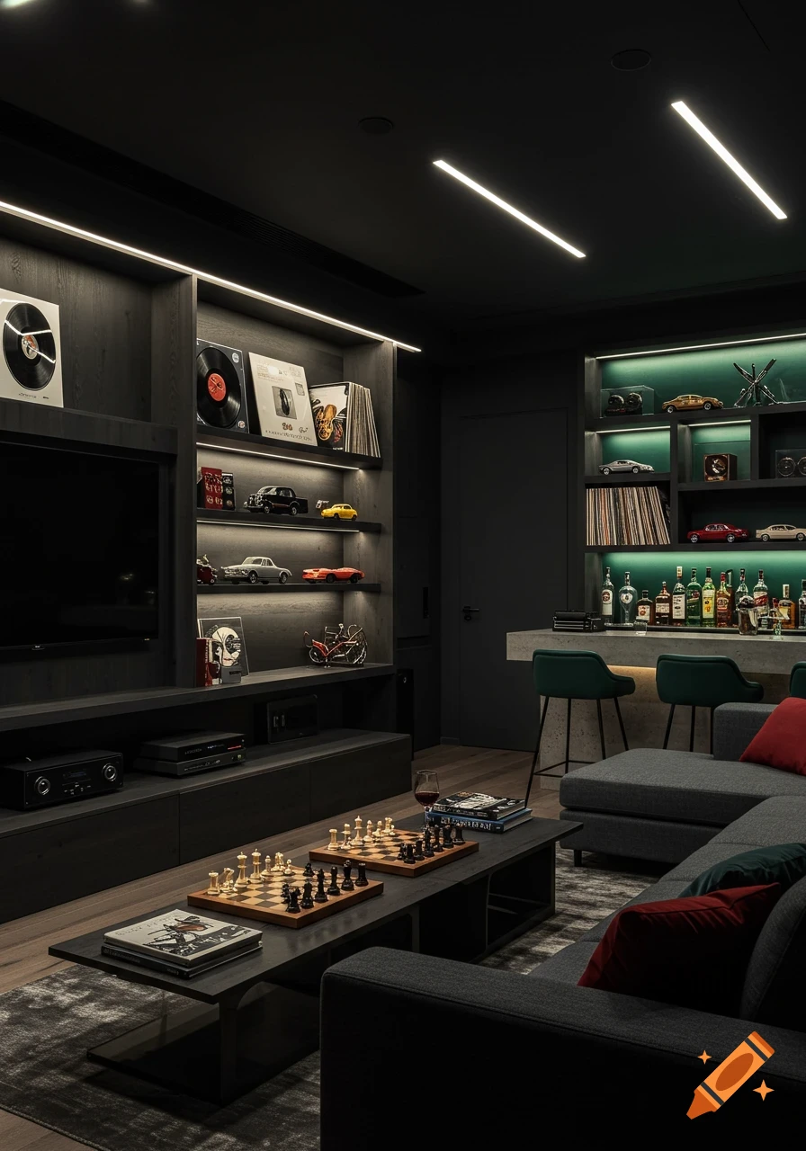 A modern, dark-themed man cave with a large TV, record shelves, a bar with green lighting, and chess boards on a coffee table.