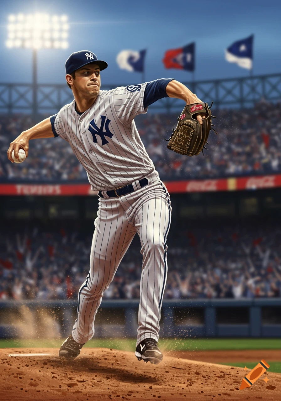An illustrated baseball player in a Yankees uniform pitches from the mound in a stadium.