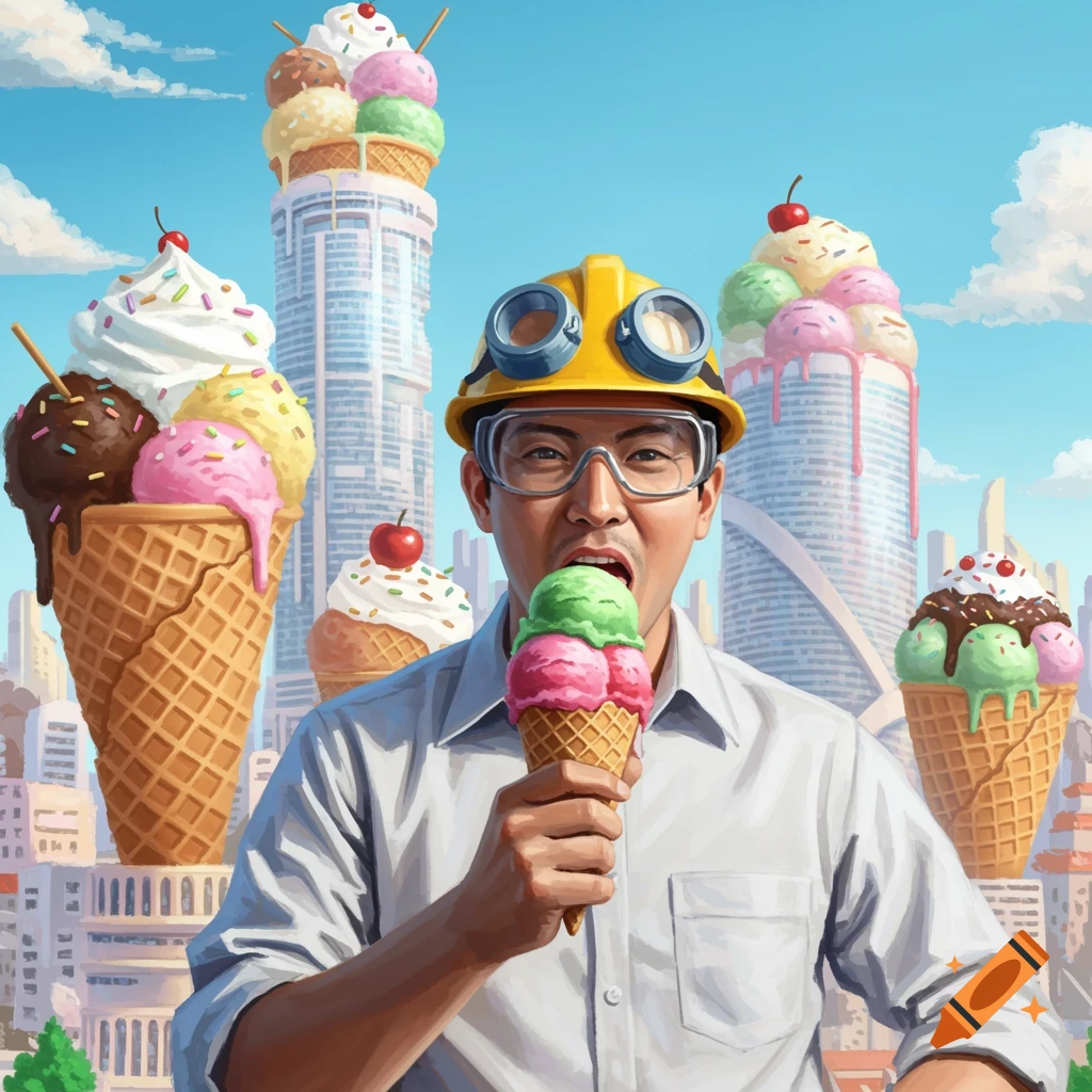An engineer in a hard hat and goggles licks an ice cream cone in a city with giant ice cream cone-shaped buildings.