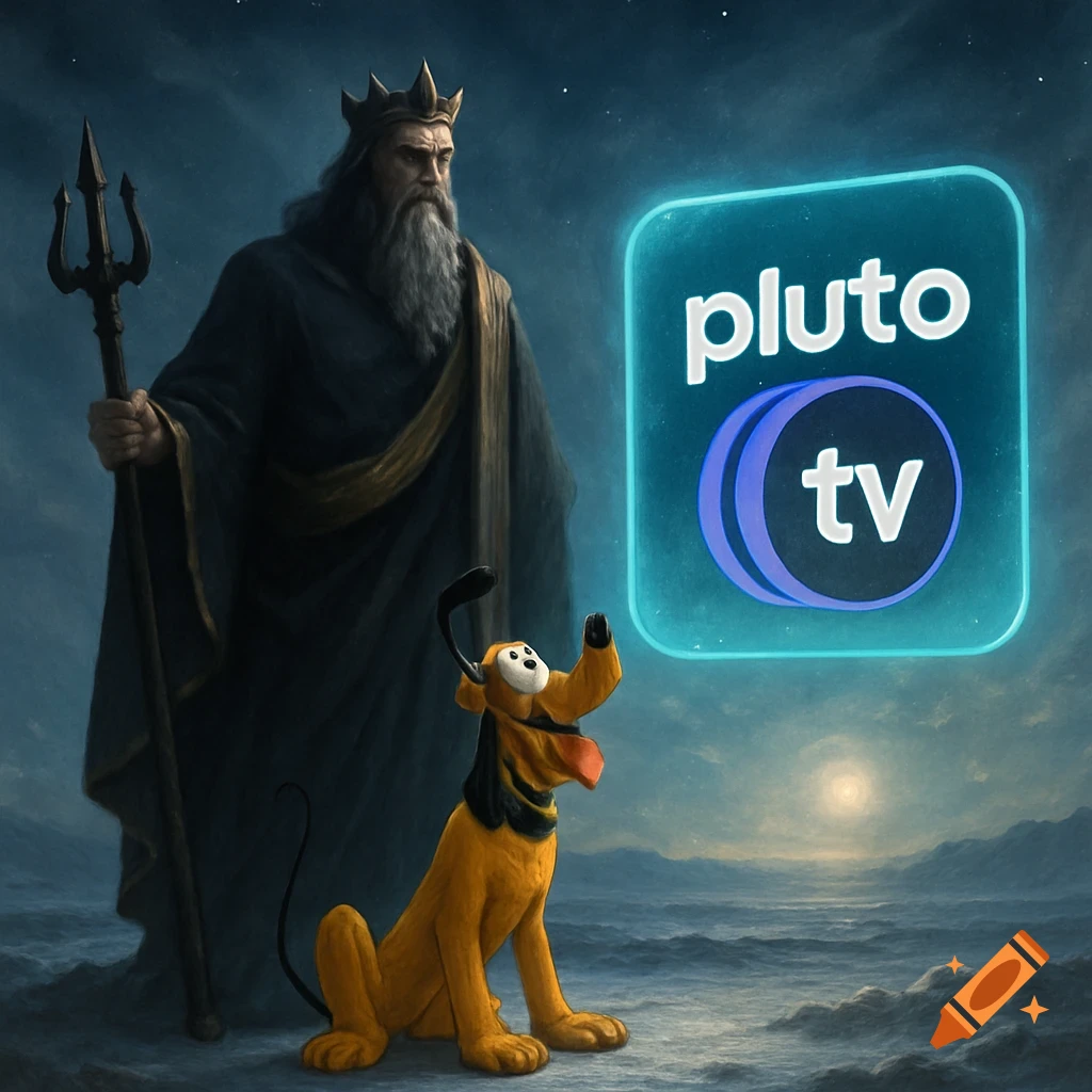 Pluto the god and Disney's Pluto the dog stand on a dark, misty planet, looking at a glowing 'pluto tv' logo.