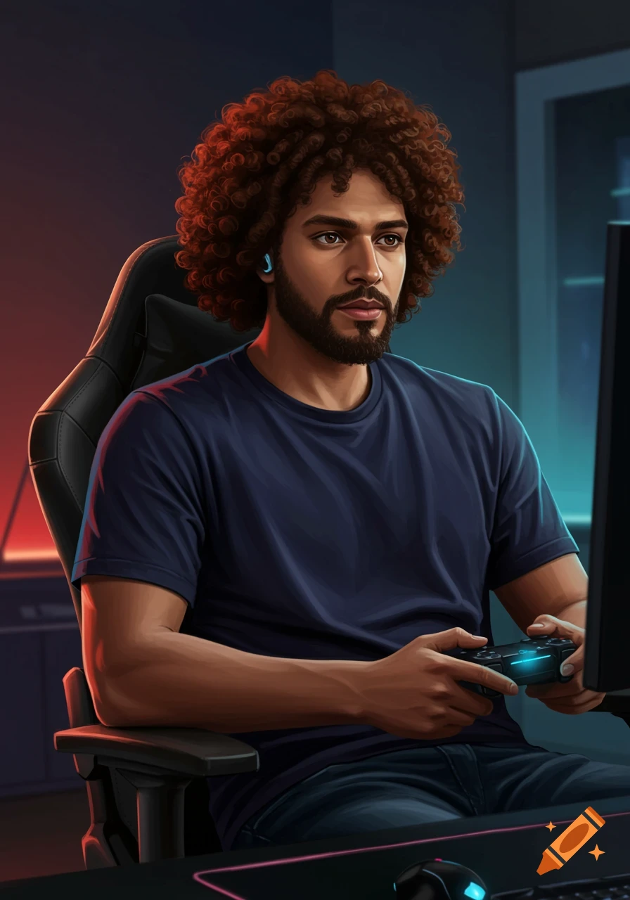 A man with curly brown hair and a beard plays video games in a dim room, holding a controller.