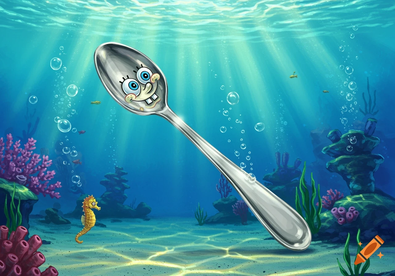 A cartoon reflection of Spongebob Squarepants appears on a large spoon underwater, surrounded by coral and bubbles.
