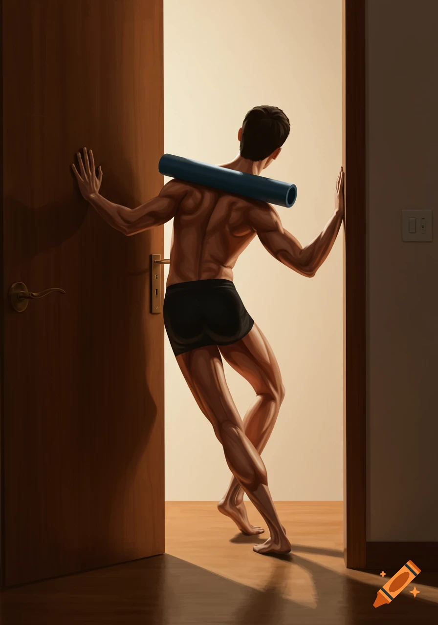 An illustration of a person in black underwear, viewed from behind, standing in a doorway with a foam roller on their back, stretching their upper body.