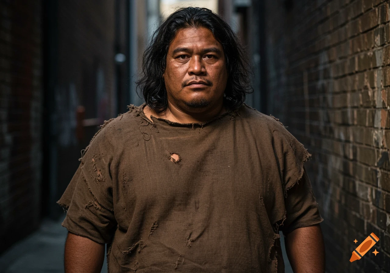 A man with long dark hair and a mustache wears a torn brown shirt, standing in a dark alley.
