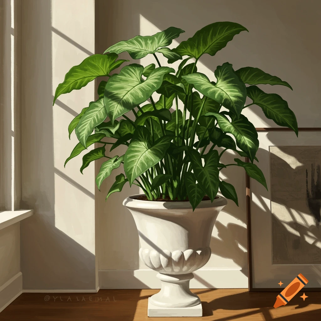 A large potted Syngonium plant in a white urn-style pot sits in a sunlit room, casting shadows. The style is illustrative.