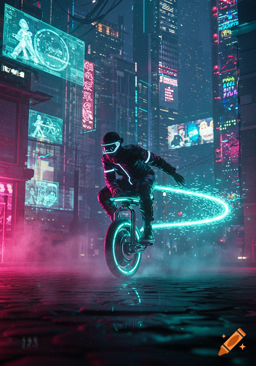 A person rides an electric unicycle through a neon-lit cyberpunk city at night, leaving a glowing trail.