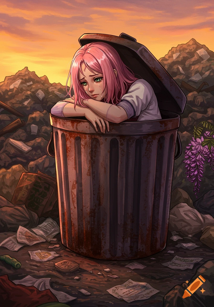 A crying pink-haired anime character, Sakura Haruno, sits inside a rusty garbage can surrounded by trash in a dump at sunset.