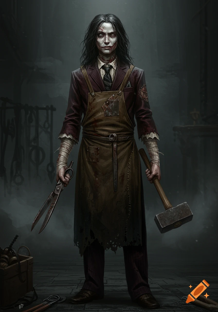 Pale, androgynous figure in a torn suit and bloody apron, holding large rusted scissors and a hammer, depicted in a dark gothic digital art style.