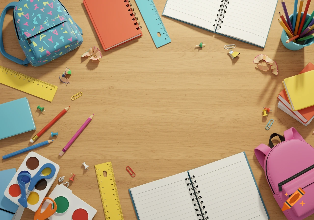 Colorful school supplies like backpacks, notebooks, and pencils arranged on a wooden desk, top-down view.