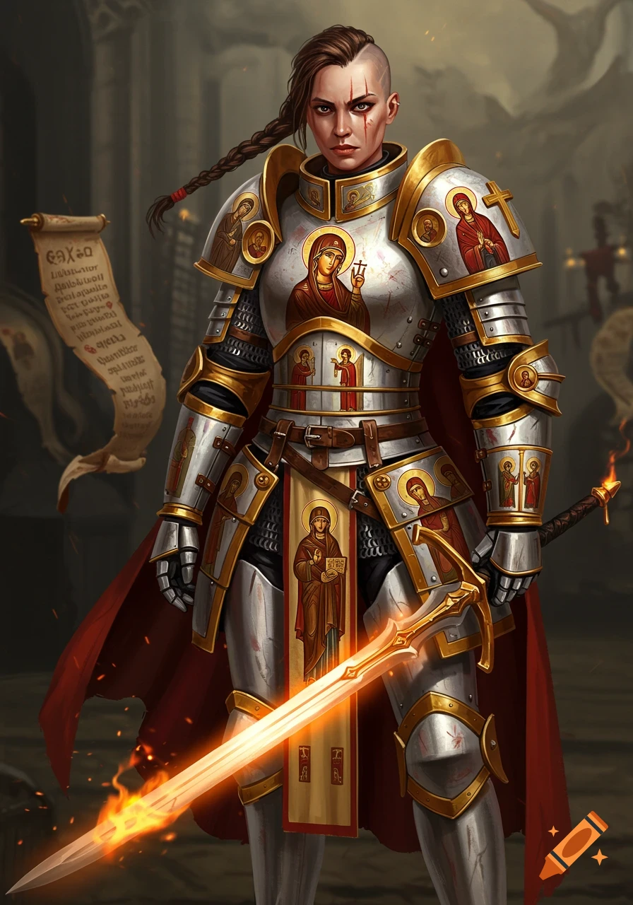 A female warrior in ornate silver and gold armor with religious icons, holding a flaming saber, in a detailed digital painting style.