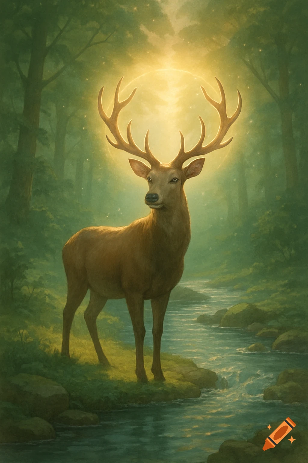 A majestic deer with large antlers stands by a glowing light in a magical forest with a flowing stream.