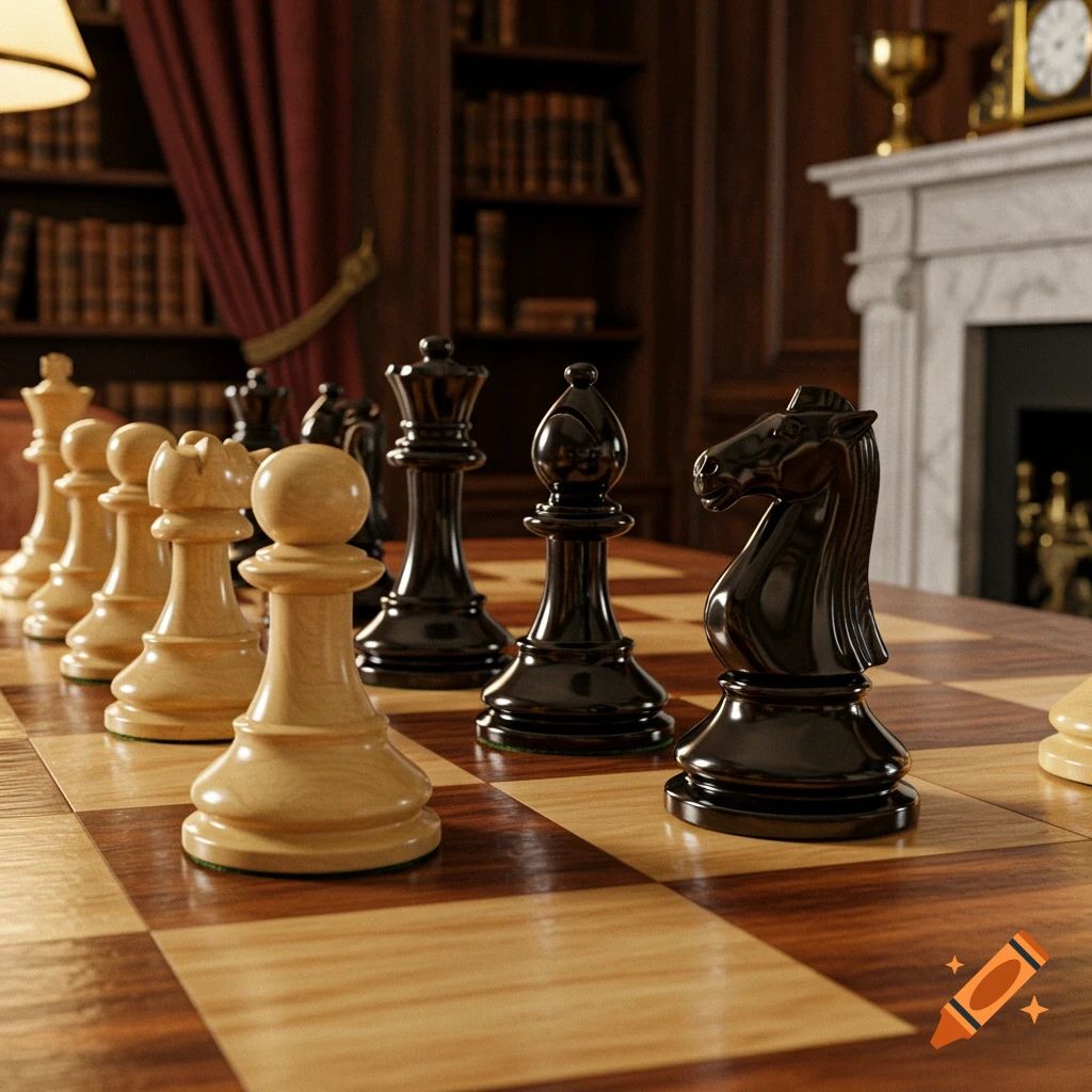 Close-up, photorealistic view of a chessboard with wooden pieces in a dimly lit study with bookshelves and a fireplace.