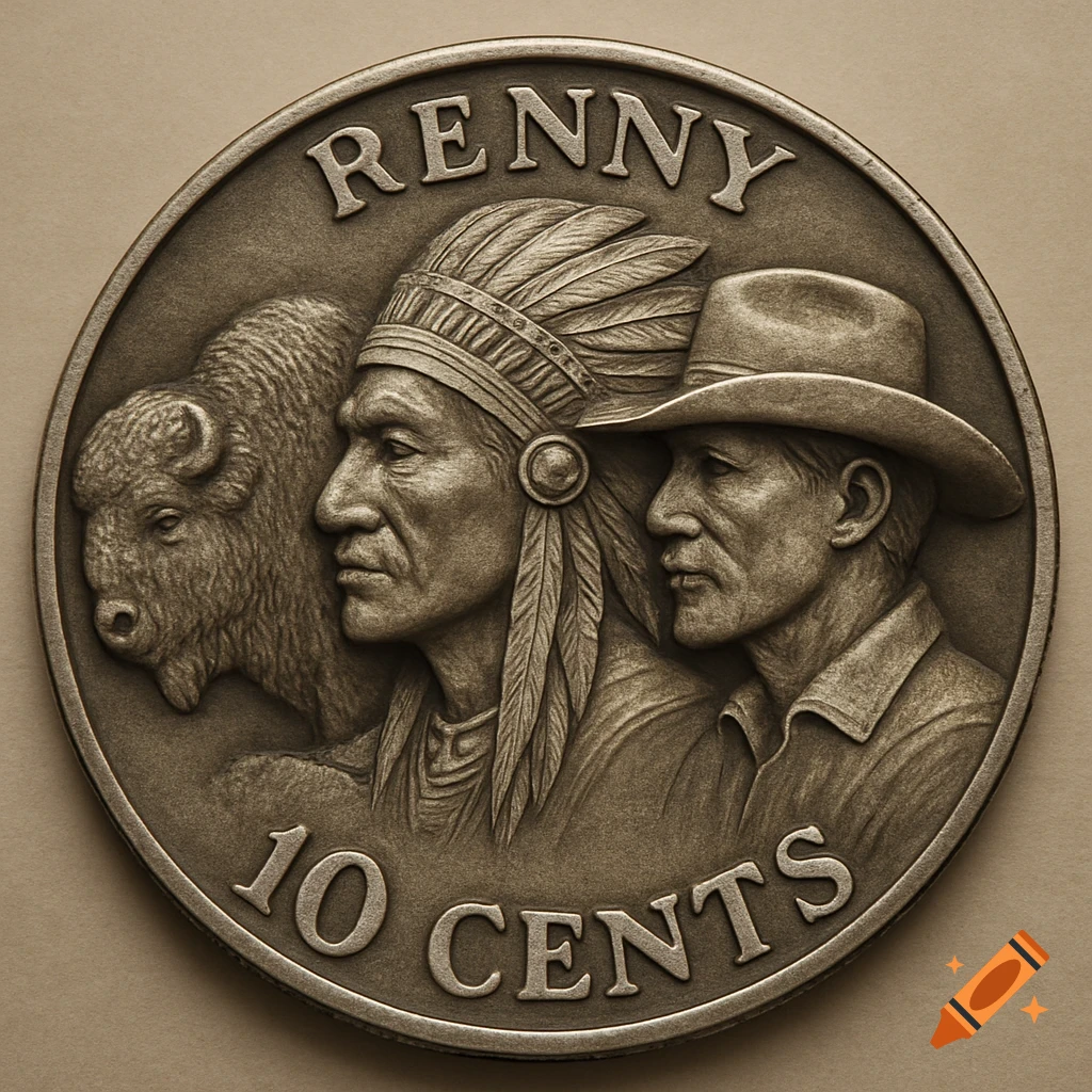 A bronze-colored coin featuring embossed profiles of a buffalo, a Native American man in a headdress, and a cowboy, with 'RENNY' and '10 CENTS' text.