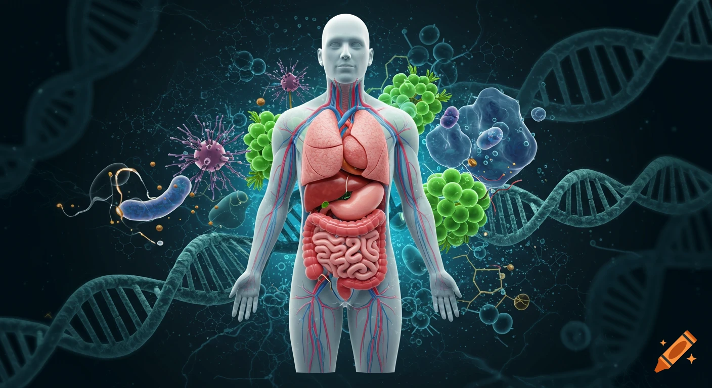 3D scientific illustration of human internal organs, DNA, and microorganisms against a dark blue background.