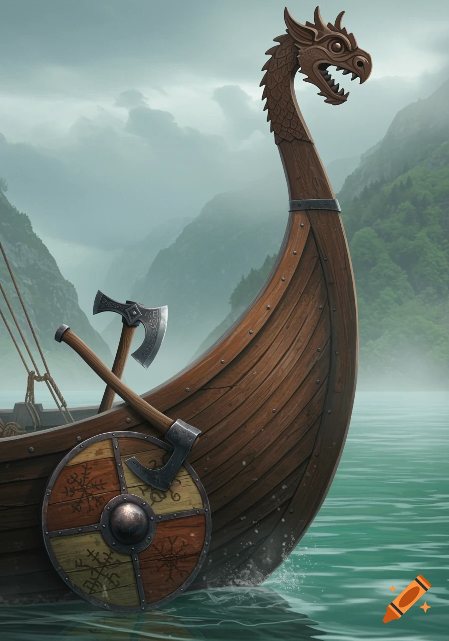 A detailed illustration of a Viking longboat with a dragon head, shield, and axes, on a misty fjord.