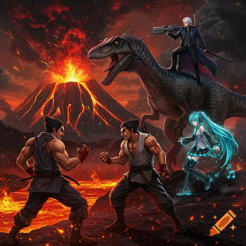 Kazuya and Heihachi Mishima fight near an erupting volcano, with Vergil on a spinosaurus and Hatsune Miku in a dynamic digital illustration.