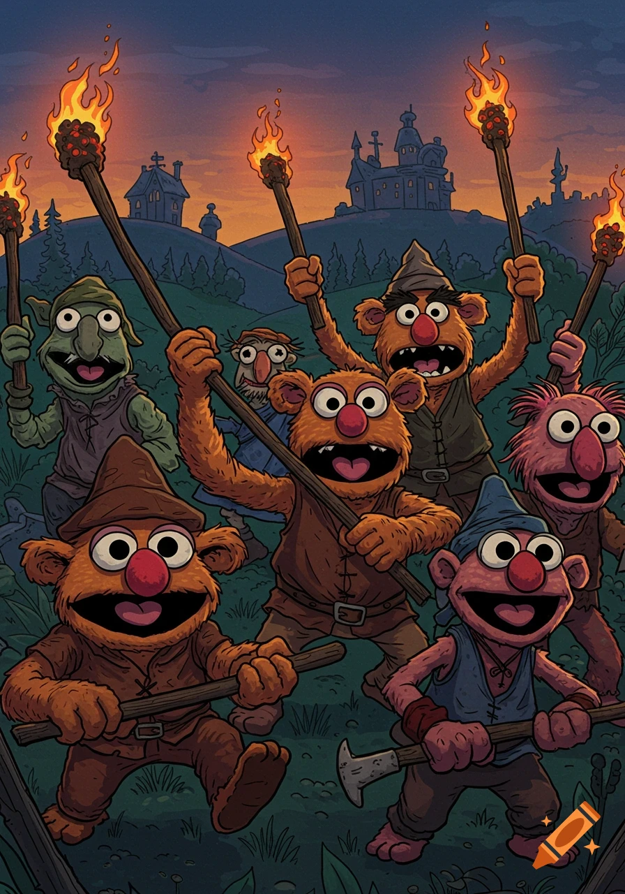 Angry, furry Muppet-like creatures with torches and an axe, appearing as a mob at dusk with a castle in the background, cartoon style.