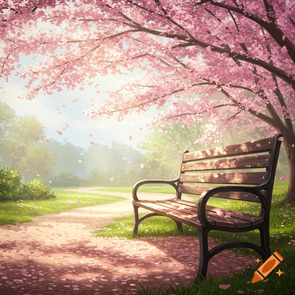 Vibrant illustration of an empty park bench under a cherry blossom tree with pink petals falling on a sunny path.