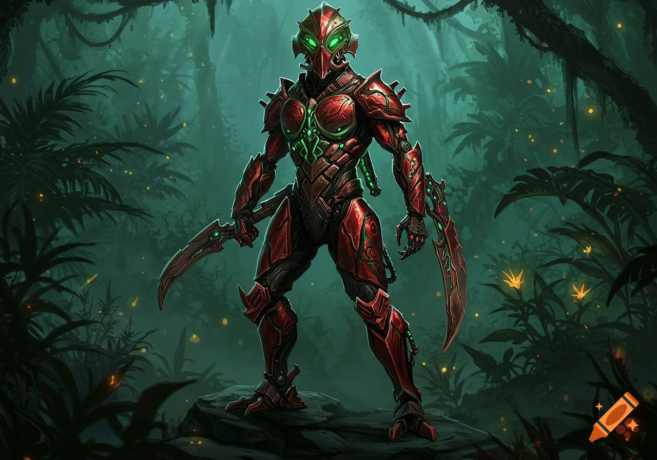 A red and green armored sci-fi warrior with glowing eyes and blades stands in a lush, dark jungle.