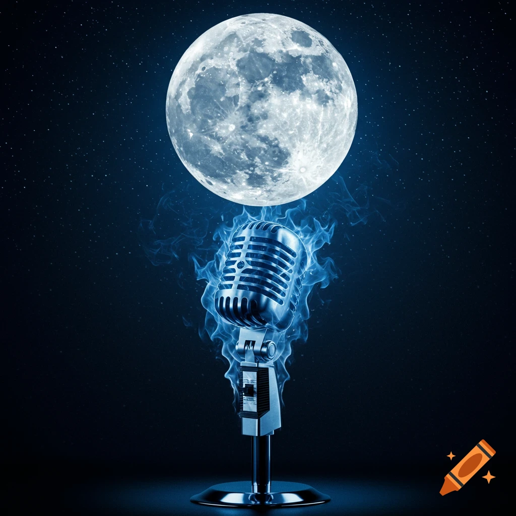 A vintage microphone engulfed in blue smoke, against a dark starry sky with a large full moon.