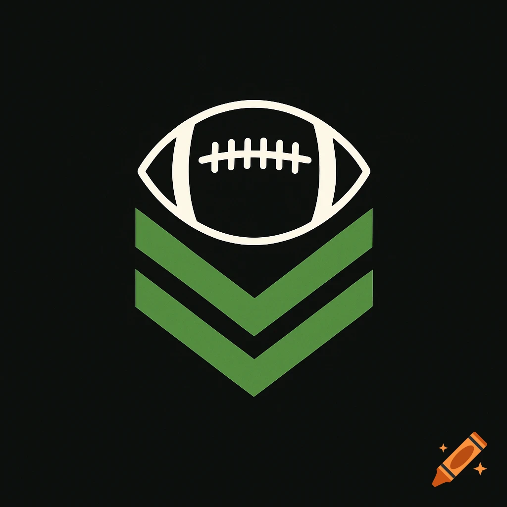 Minimalist logo of a white American football with laces above two green chevron arrows on a black background.