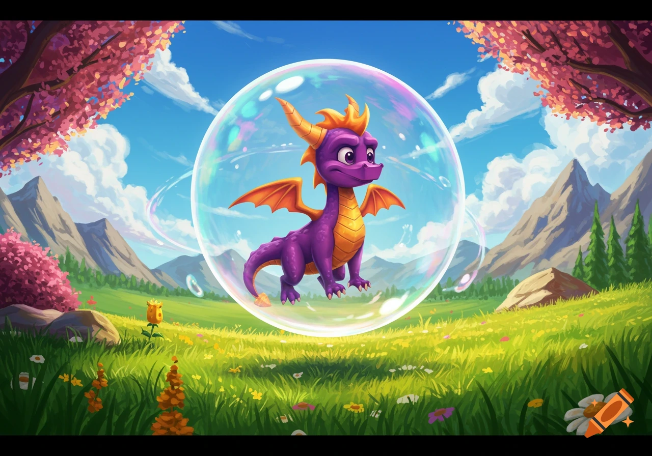A cartoon purple and orange dragon, Spyro, in a clear bubble in a vibrant green meadow with pink blossoming trees and mountains.