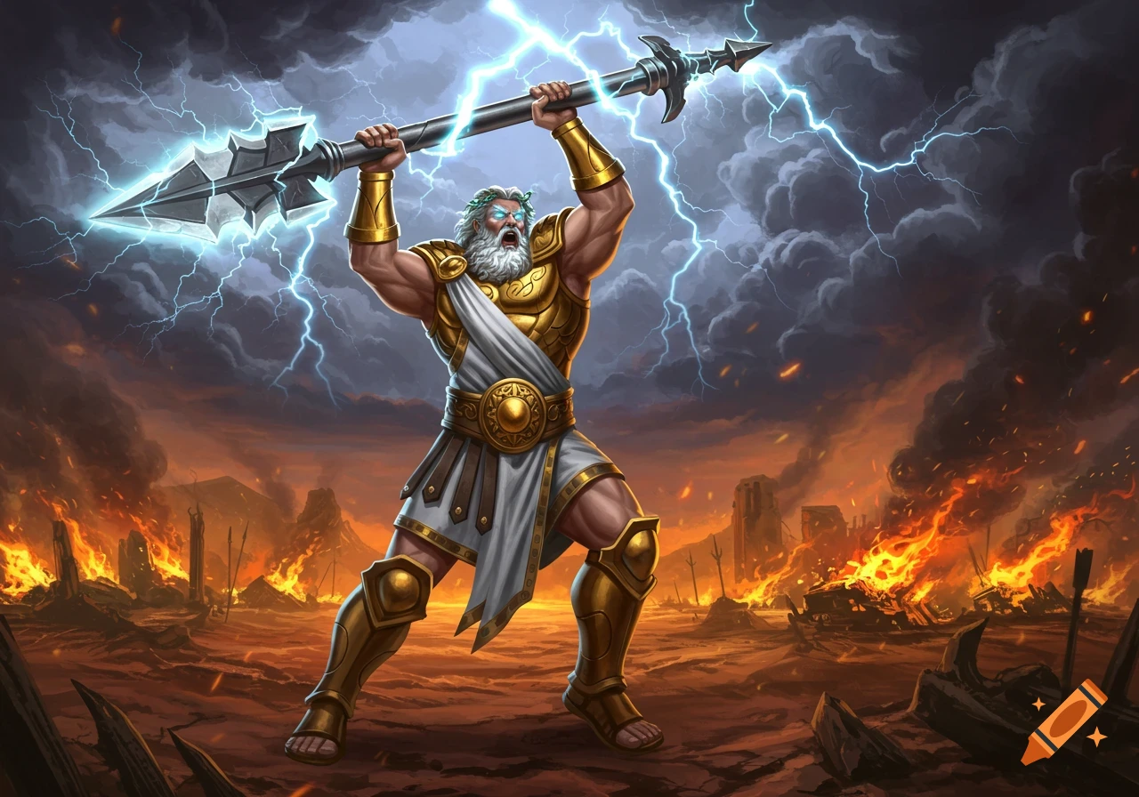 Zeus, a powerful god, holds a lightning spear overhead, shouting amidst a stormy sky with lightning and a fiery, ruined landscape.