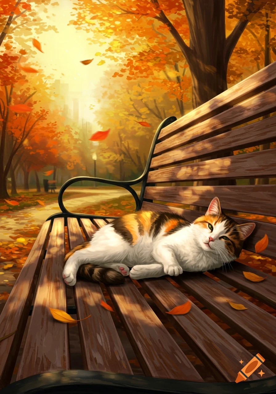 A calico cat naps on a park bench amidst falling autumn leaves in an illustrative style.
