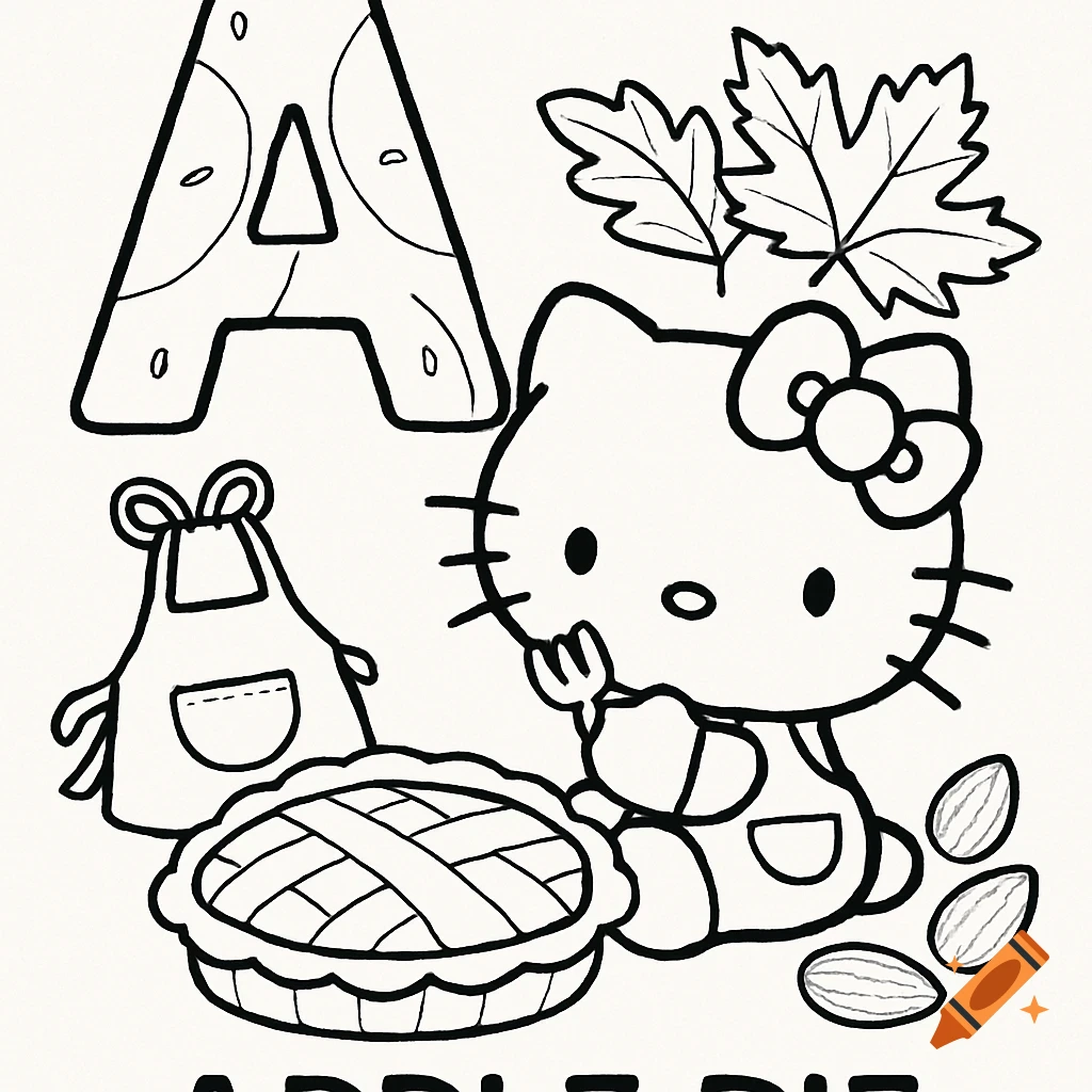 A black and white coloring book page featuring Hello Kitty holding a fork next to an apple pie, an apron, the letter A, and the words APPLE PIE.