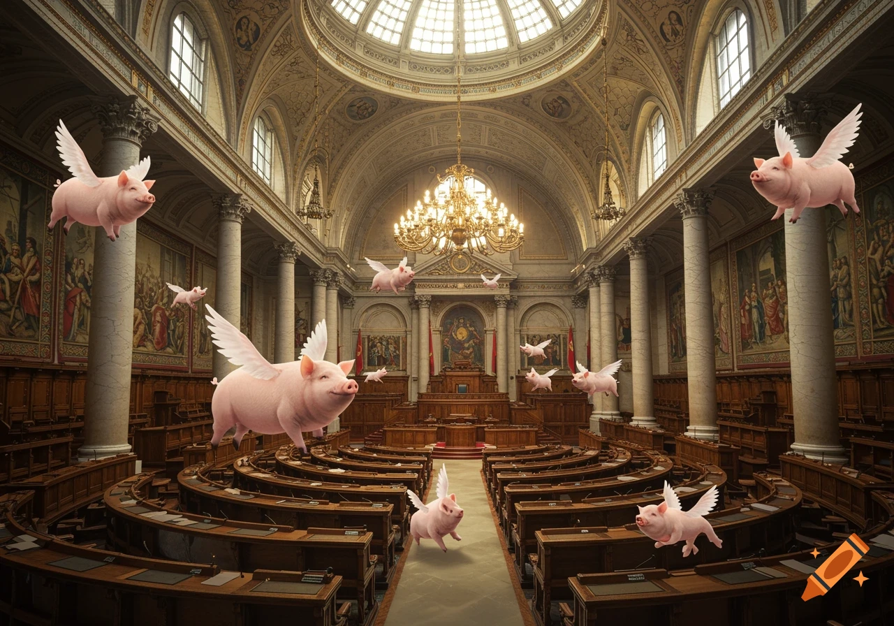 Photorealistic depiction of numerous winged pigs flying through a grand, ornate parliament hall with high ceilings and wooden desks.
