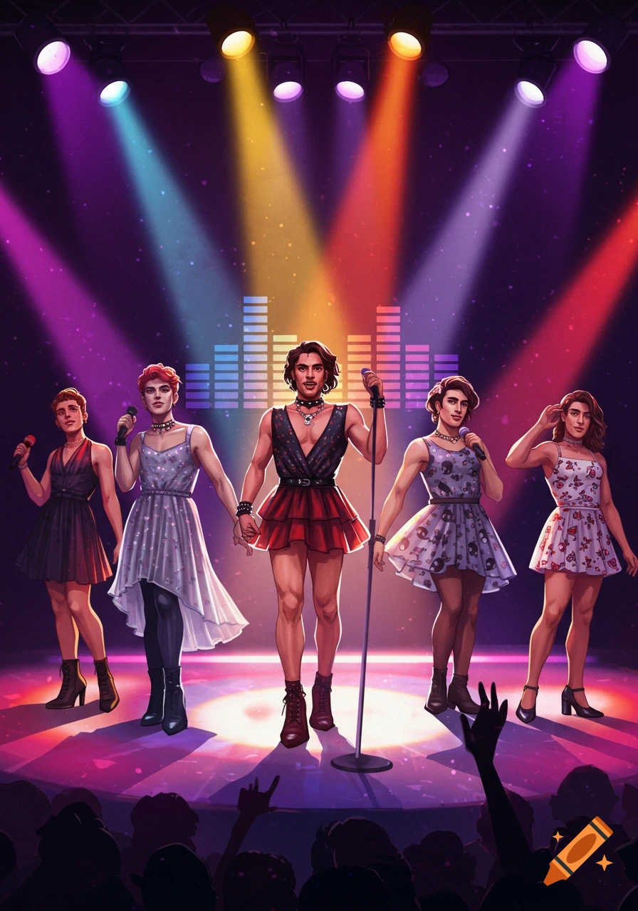 Five men in colorful dresses perform on a stage with bright spotlights, an equalizer graphic, and a cheering crowd.