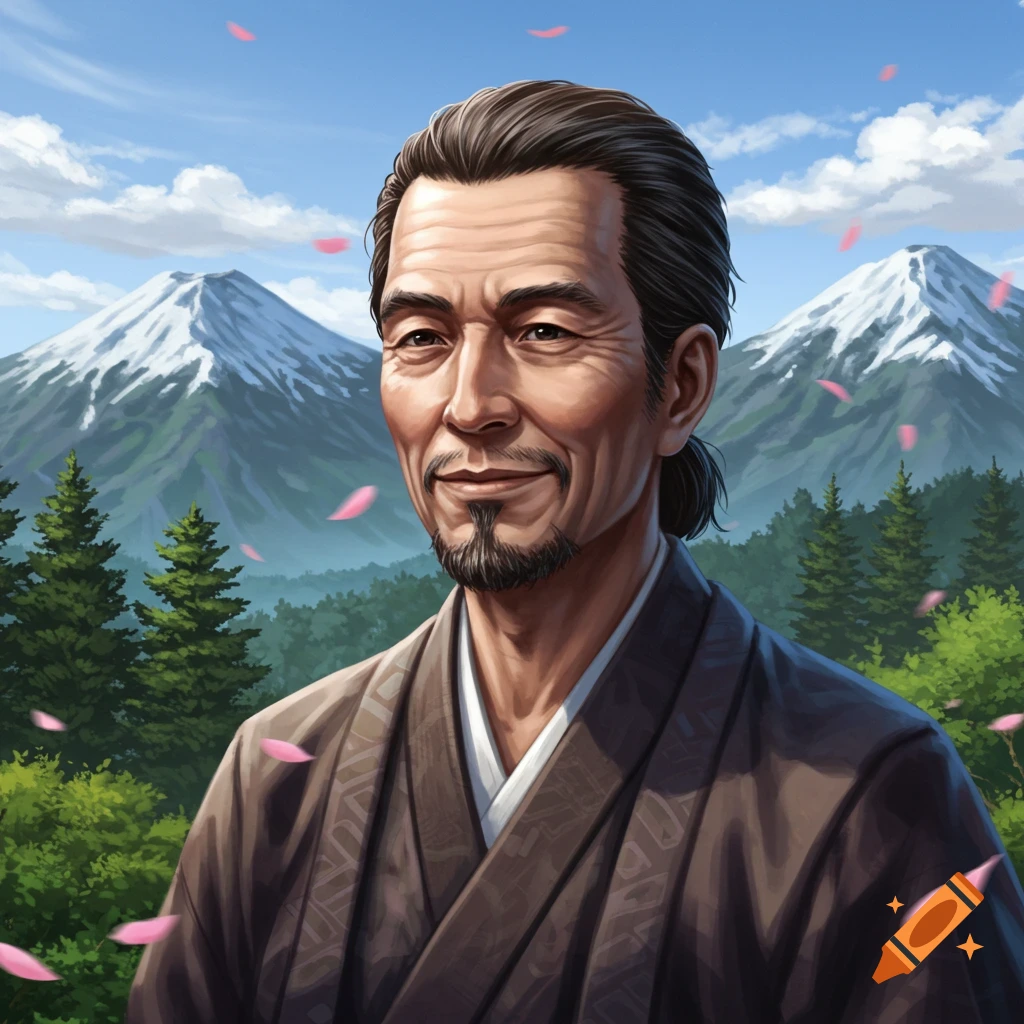 Illustrated portrait of an older man with a goatee in a brown kimono, standing against snowy mountains, green trees, and falling pink petals.