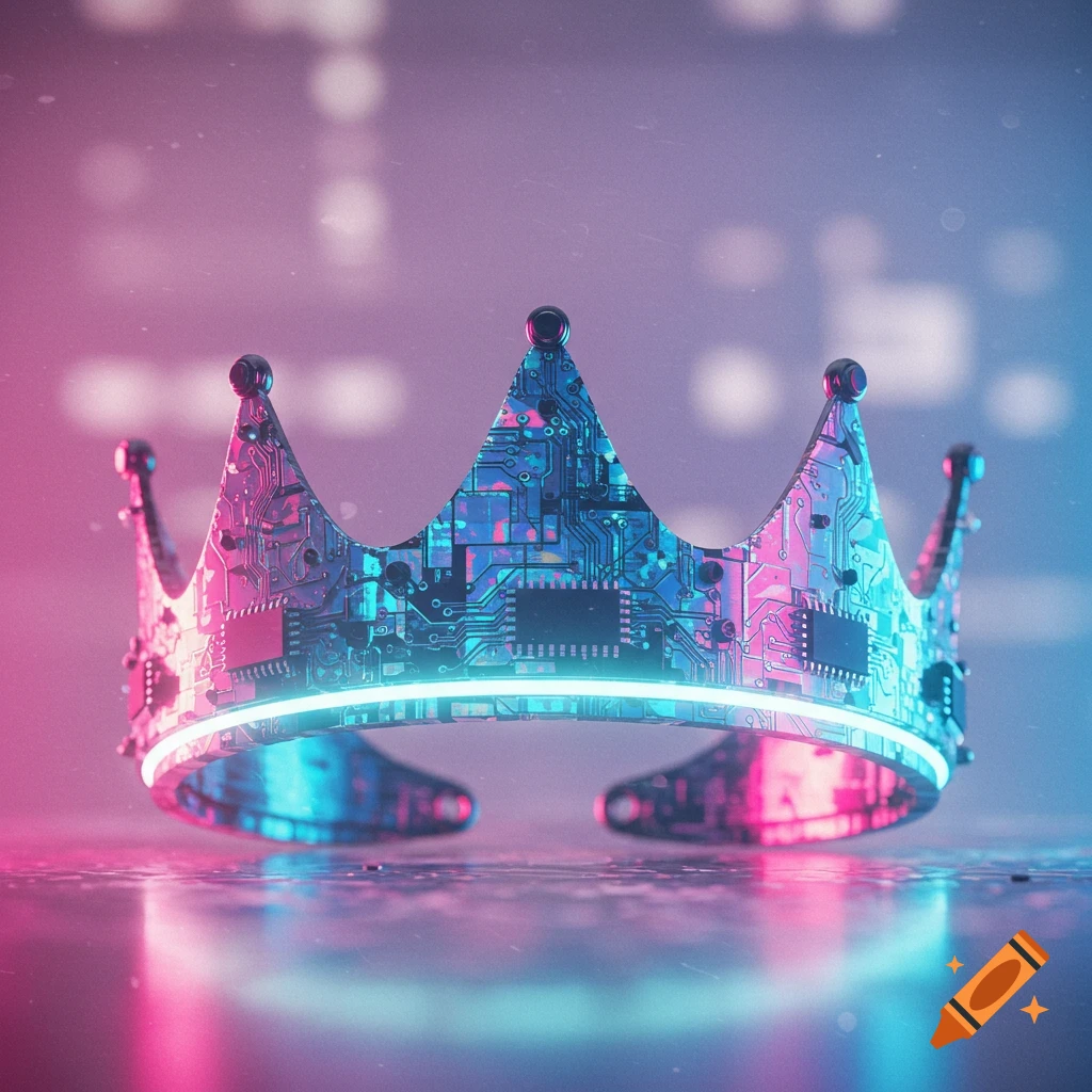 A crown made of circuit boards glows with pink and blue neon lights, reflecting on a surface in a futuristic setting.