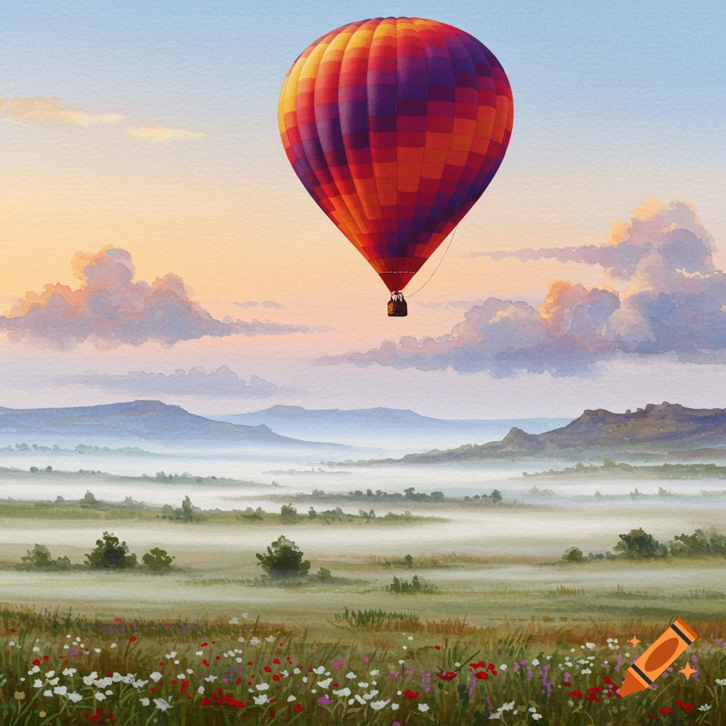 A colorful hot air balloon floats over a misty valley with mountains in the distance and wildflowers in the foreground, in a watercolor style.
