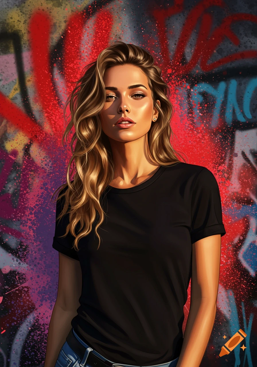 A stylized portrait of a woman with long wavy hair in a black t-shirt standing against a vibrant graffiti wall.