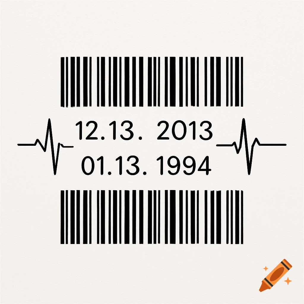 A minimalist graphic design with two black barcodes, two dates "12.13. 2013" and "01.13. 1994", and black heartbeat lines on a light background.