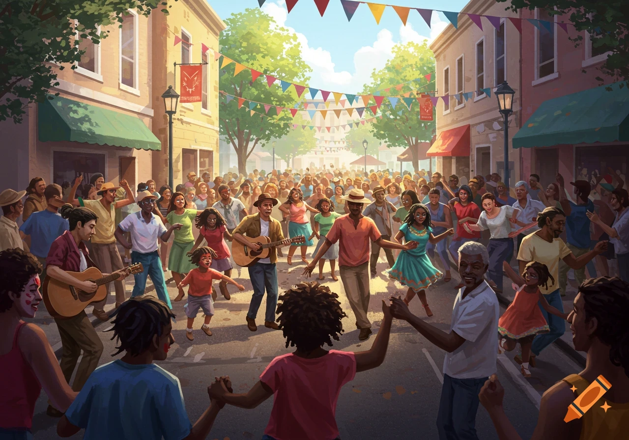 A vibrant illustration of a diverse crowd dancing in a sunlit street during a daytime festival, with colorful banners overhead.