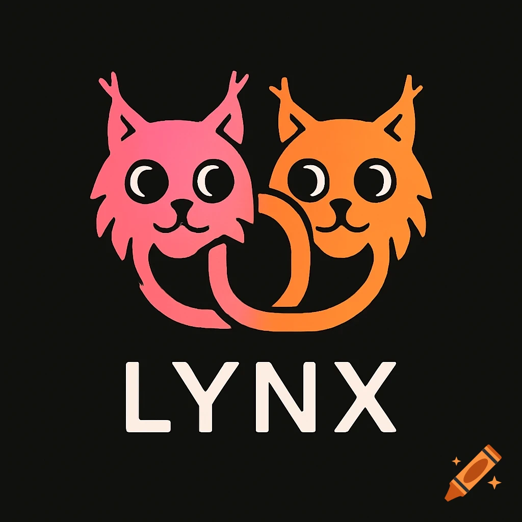 A minimalist logo featuring two cartoon lynx heads, one pink and one orange, linked together, with the word LYNX below them.