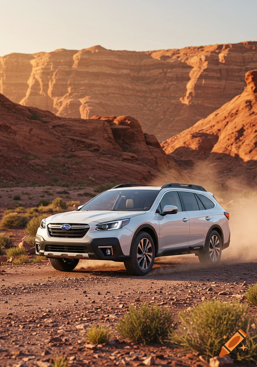 A white Subaru Outback SUV drives on a dusty dirt road through a red rock desert canyon at sunset.
