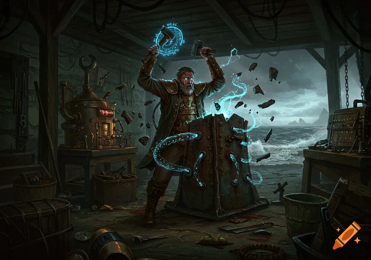 A bearded inventor in a dark, windswept workshop raises two hammers, summoning glowing blue magic around a metal construct. Shattered debris levitates around him, and a storm brews over the ocean in the background, combining steampunk and arcane styles.